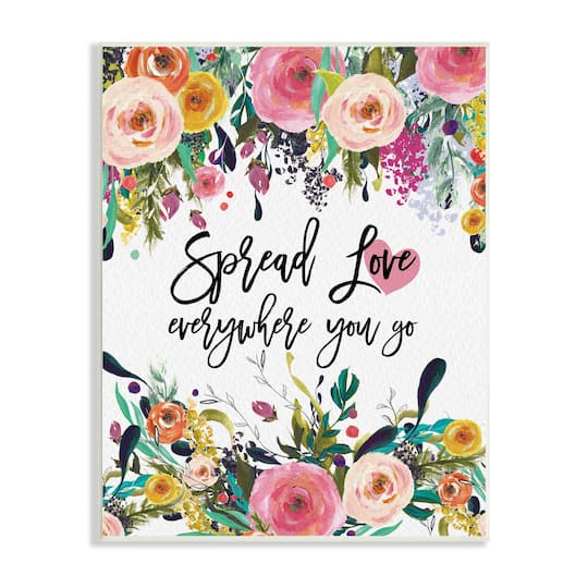 Stupell Industries Spread Love Phrase Pink Floral Blooms Calligraphy Wall Plaque Art